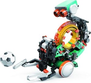 The Tech Mech robot kicking a soccer ball