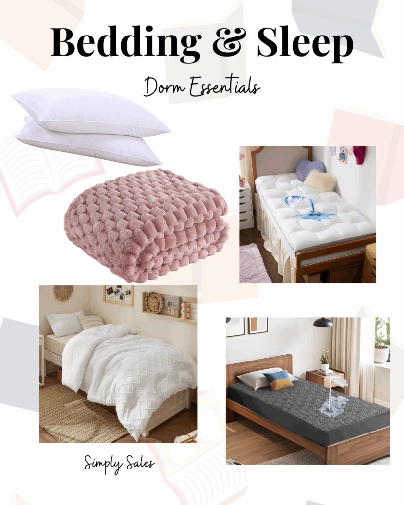 A collage of dorm bedding essentials, including pillows, blankets, and mattress options for a cozy sleep environment.