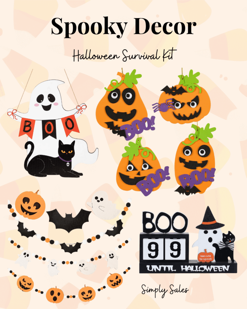 Colorful Halloween decorations including pumpkins, ghosts, and a countdown to Halloween.