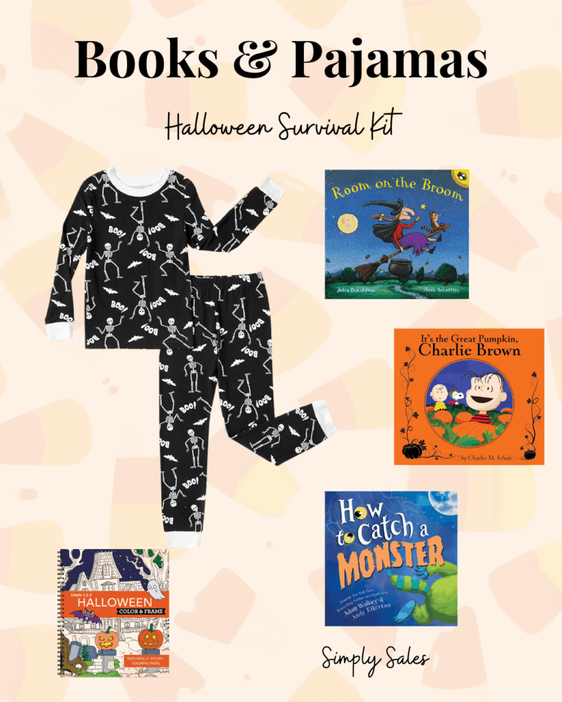 Halloween survival kit featuring skeleton pajamas and popular themed children's books.