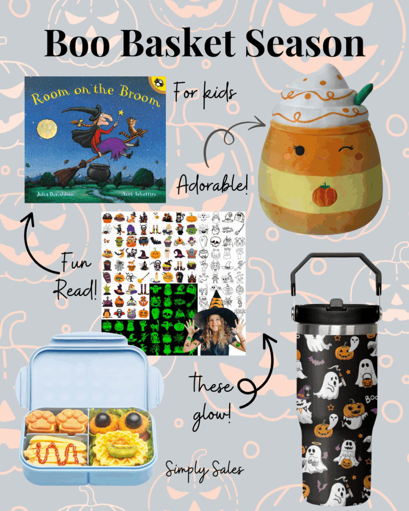 A festive Halloween collage featuring a storybook, fun snacks, cute plush, and glow-in-the-dark items for kids.