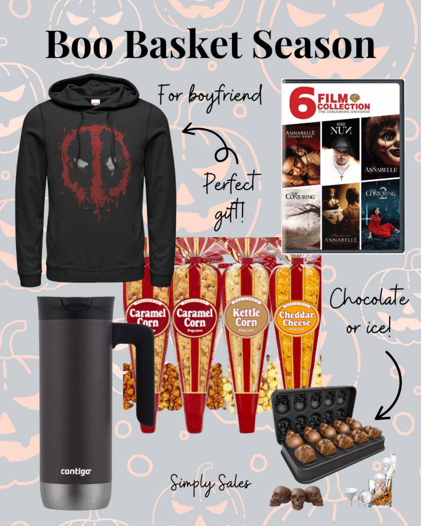 Halloween gift basket featuring a hoodie, popcorn, chocolate, and horror movie collection for a perfect boyfriend gift.