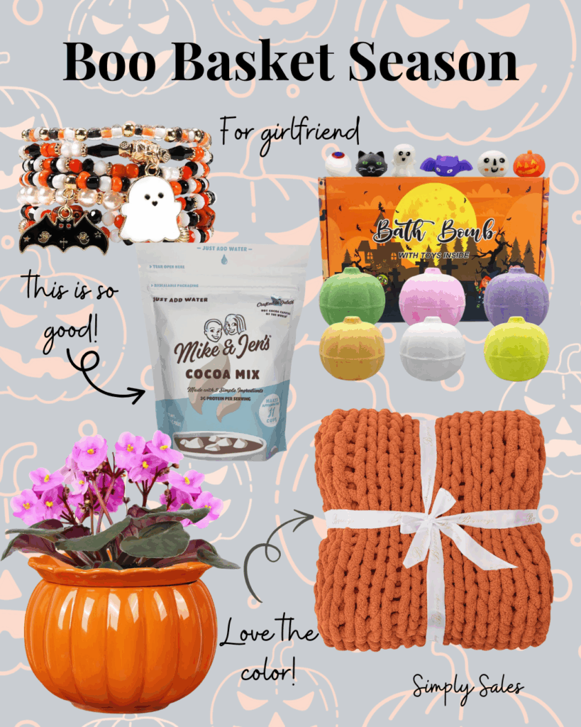 Colorful Halloween gift basket with treats, cozy items, and flowers, perfect for a girlfriend.