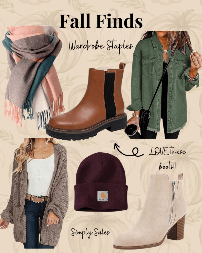 Fall fashion essentials featuring stylish boots, scarves, and sweaters in a seasonal layout.