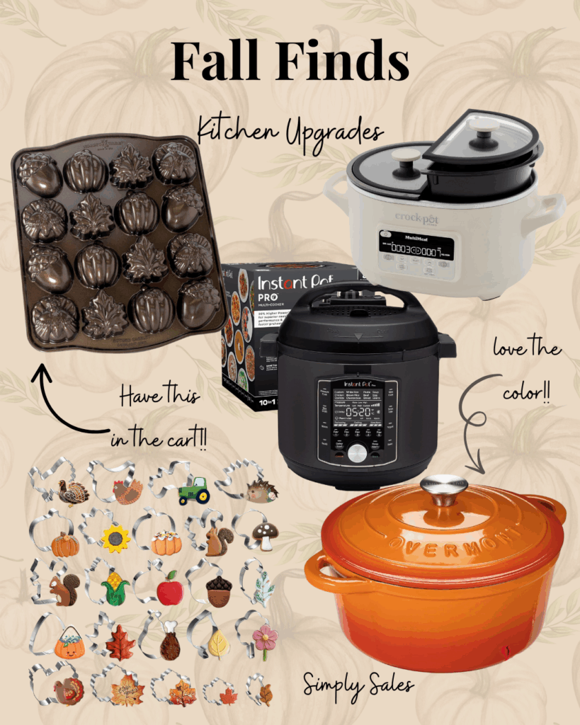 Collection of stylish kitchen gadgets for fall, including molds, a slow cooker, and an Instant Pot.
