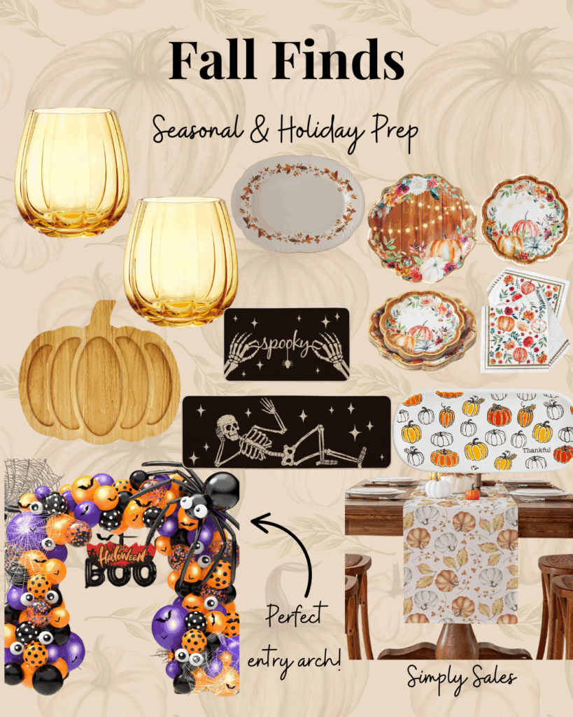 Seasonal fall decor featuring colorful dishes, glassware, and a festive entry arch for holiday preparation.