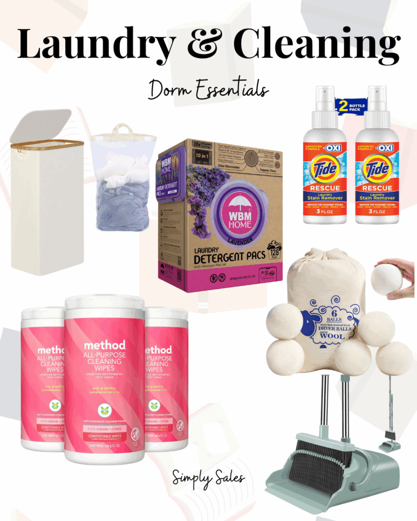 Collection of laundry and cleaning essentials for dorm life, including detergents, wipes, and dryer balls.