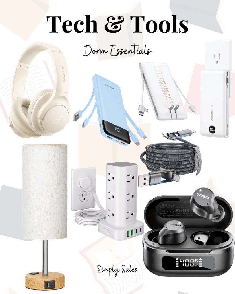 A collage of dorm tech essentials including headphones, chargers, cables, and a lamp with USB ports.