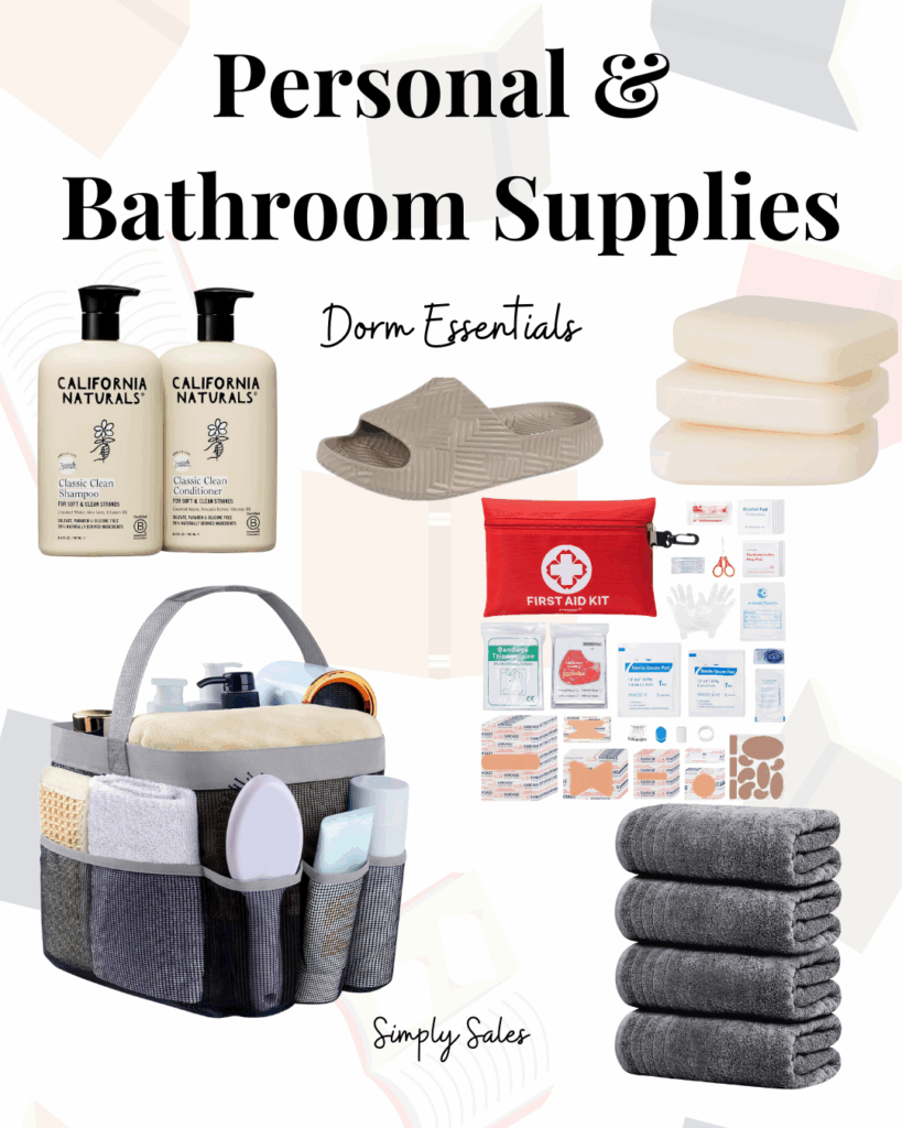 Essential personal and bathroom supplies for dorm living, including toiletries, towels, and a first aid kit.