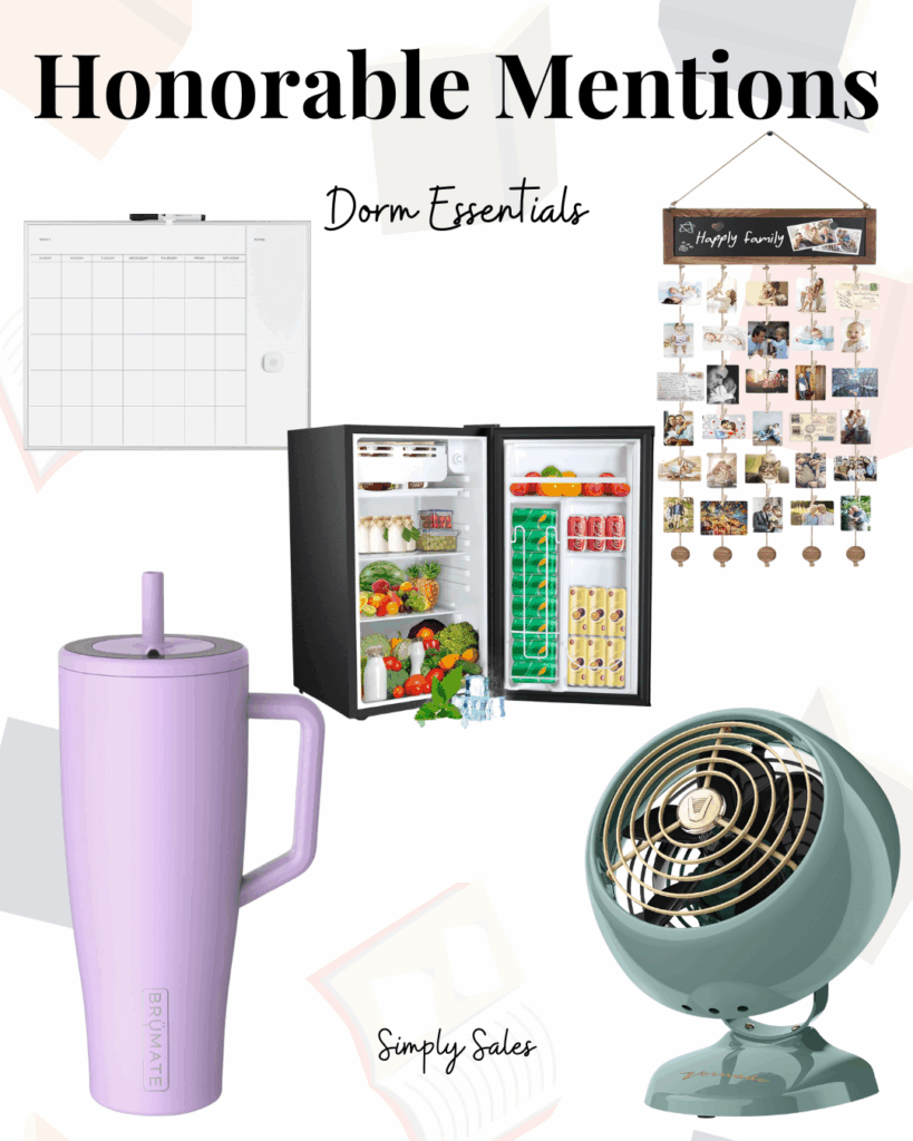 A collage of dorm essentials: a calendar, mini fridge, photo display, tumbler, and fan.