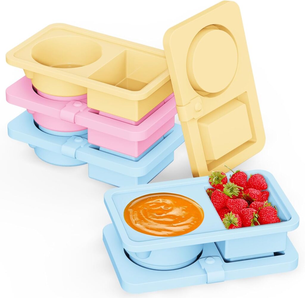 Colorful stackable food containers with compartments for snacks, fruit, and dip.