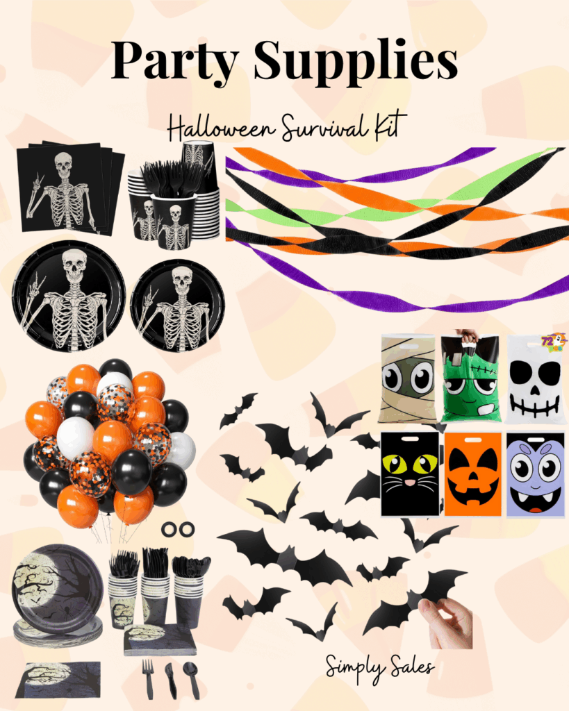 Halloween party supplies kit featuring skeleton plates, balloons, napkins, cups, and festive decorations.