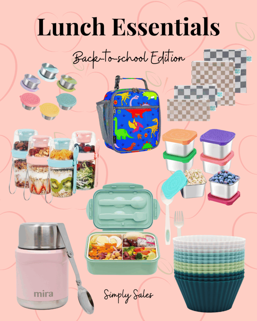 Colorful back-to-school lunch essentials including containers, lunch bags, and utensils for kids.