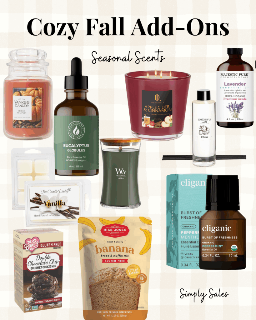 An array of cozy fall scents, featuring candles and essential oils, perfect for autumn ambiance.