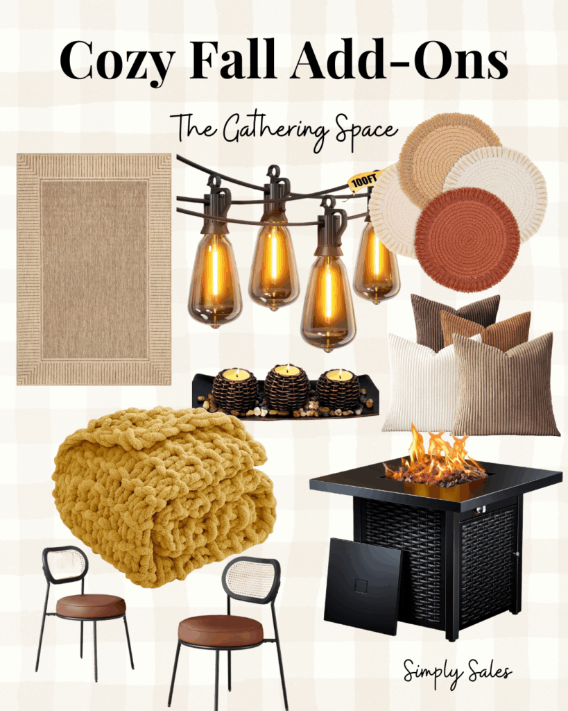 A cozy fall decor setup featuring a blanket, chairs, firepit, pillows, lighting, and accessories for inviting gatherings.