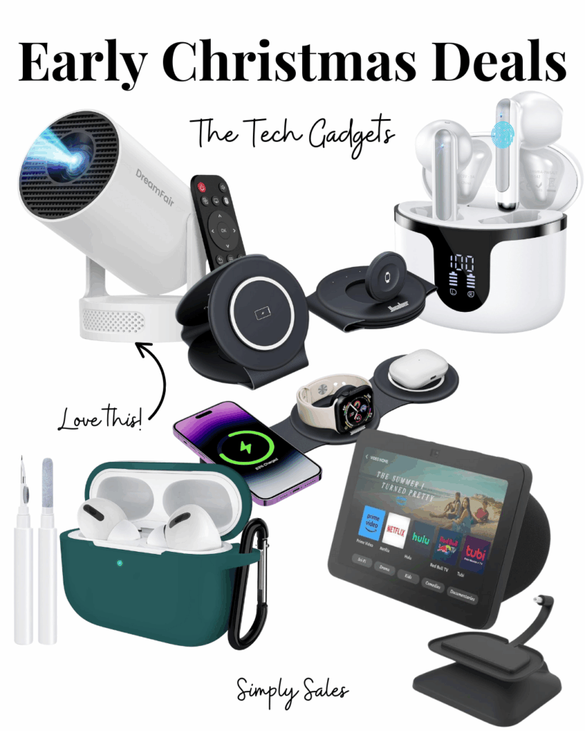 Collection of tech gadgets for early Christmas deals, including earbuds, projectors, and smart displays.