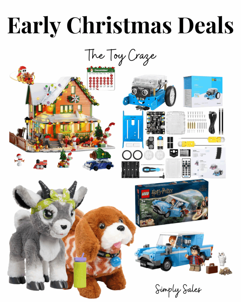 Colorful assortment of toys for early Christmas deals, featuring LEGO sets and plush animals. Perfect gift ideas!