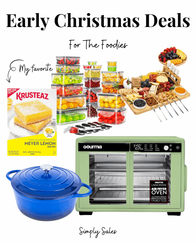 Colorful food storage containers, gourmet snacks, and a Gourmia air fryer oven promote early Christmas deals for food lovers.