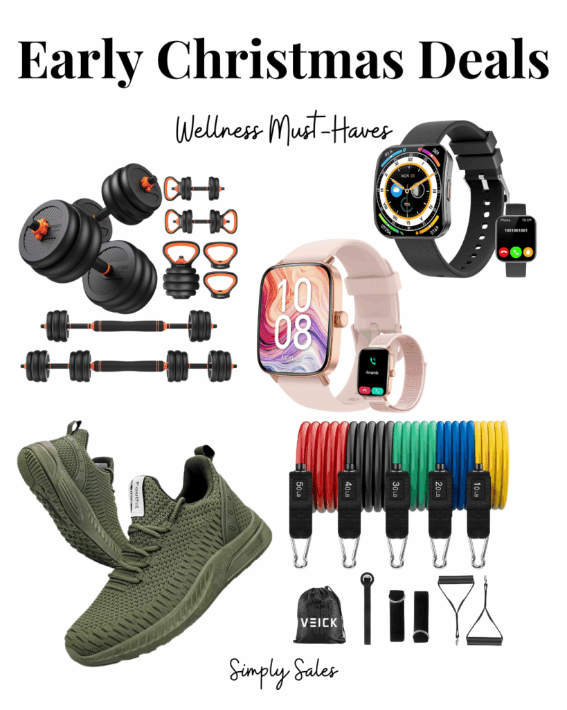 Early Christmas deals on wellness essentials, including dumbbells, fitness bands, sneakers, and smartwatches.