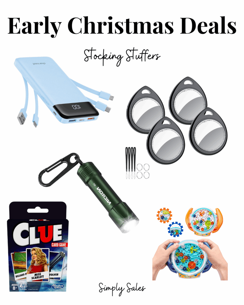 Early Christmas deals featuring stocking stuffer gifts: power bank, mirrors, flashlight, Clue game, and fishing game.