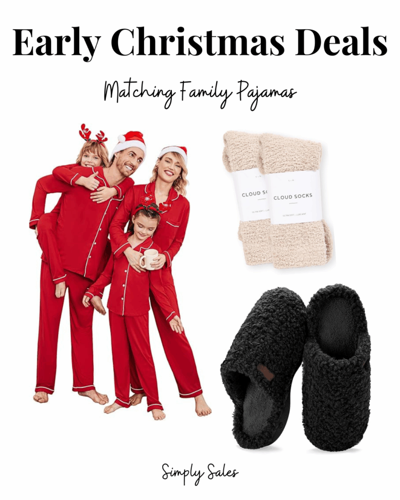 Cheerful family in matching red pajamas promoting early Christmas deals on cozy socks and slippers.