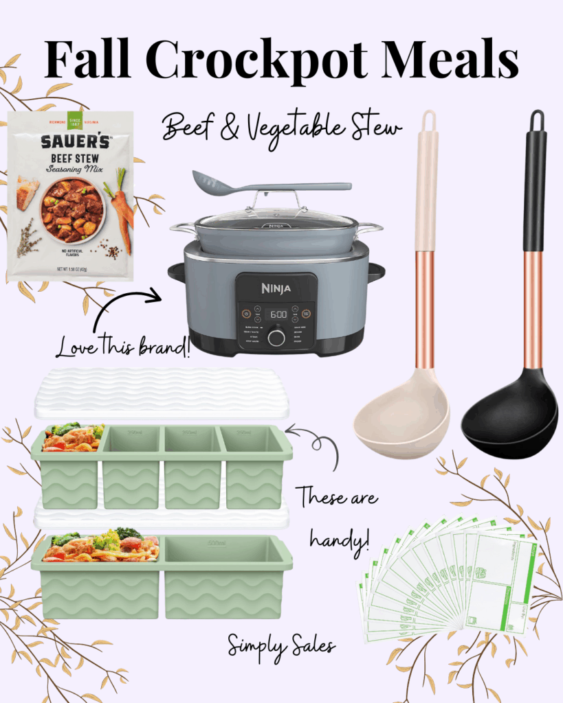 Fall crockpot meal ideas featuring beef and vegetable stew, Ninja slow cooker, storage containers, and ladles.