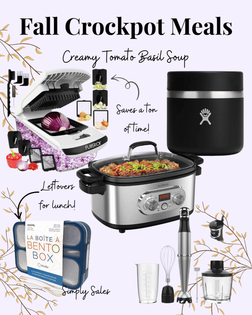 Fall crockpot meals featuring a creamy tomato basil soup and essential cooking tools for easy meal prep.