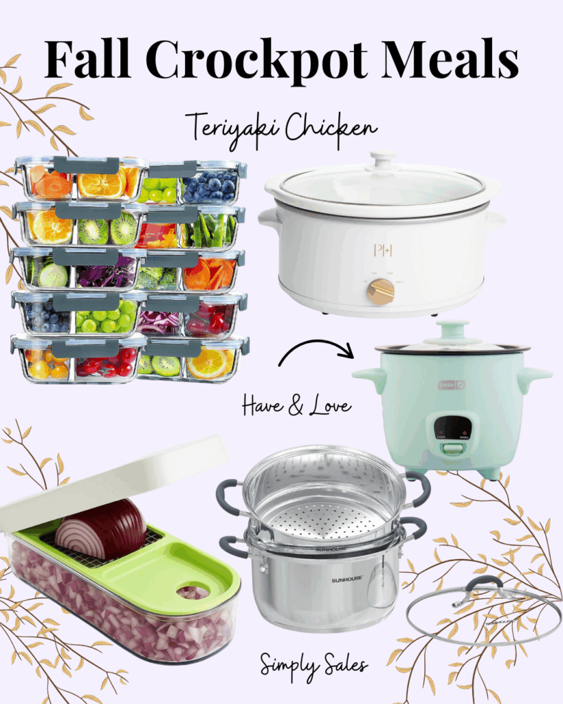 Colorful fall meal prep ideas featuring crockpots, veggies, and organized storage containers.