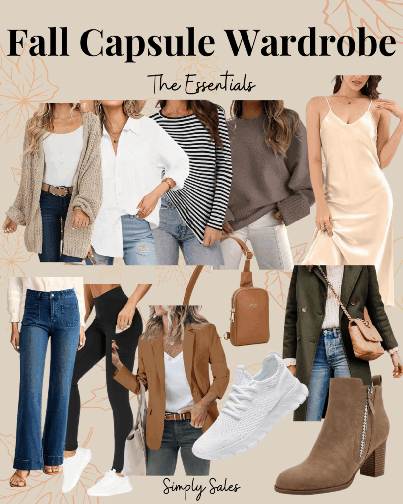 A chic fall capsule wardrobe featuring essential clothing pieces, footwear, and accessories in stylish arrangements.