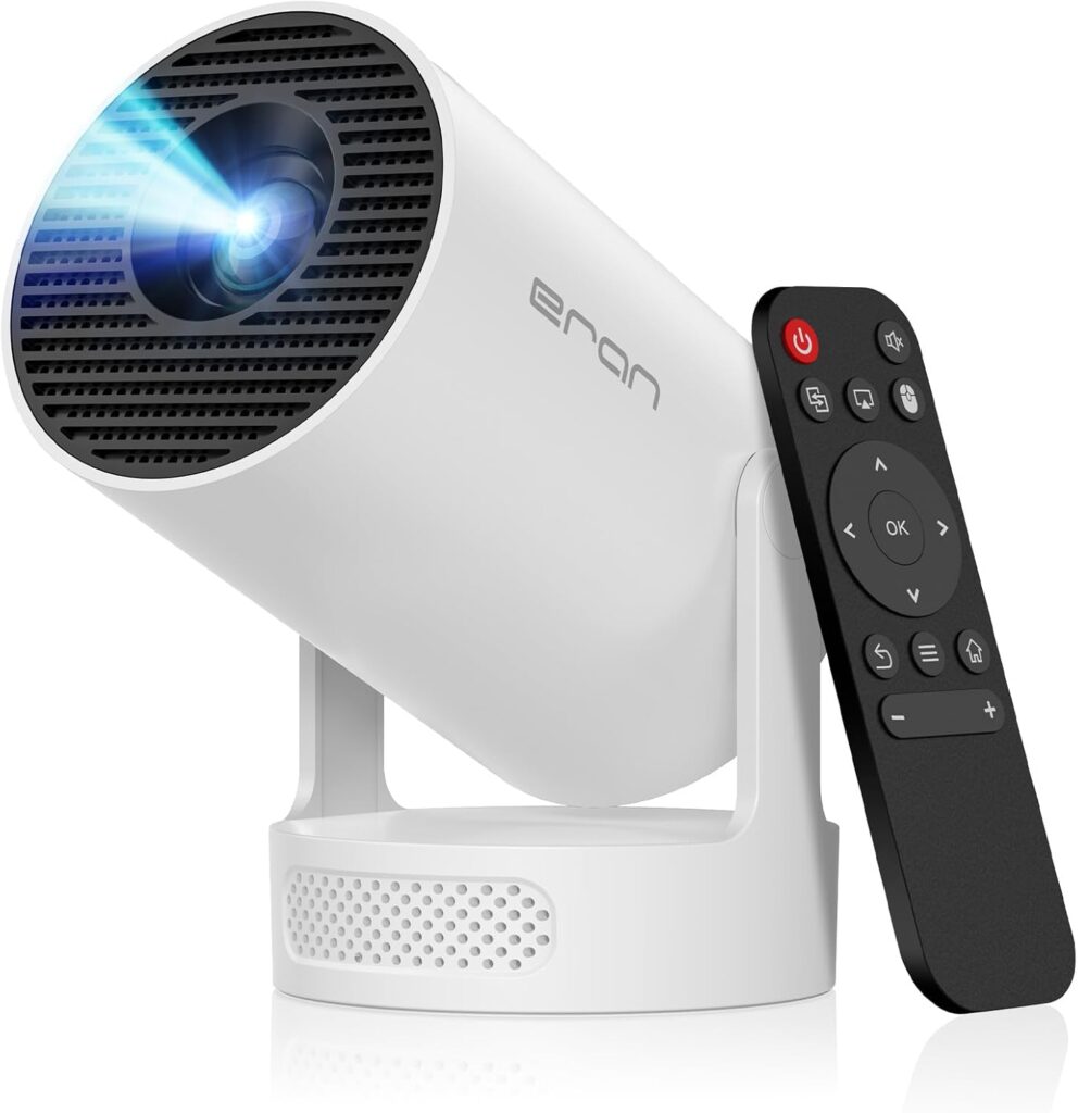 Compact white projector with a remote control, showcasing a lens and lens cap emitting blue light.