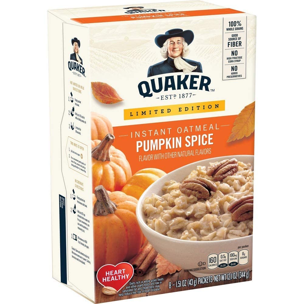 Quaker Pumpkin Spice Instant Oatmeal box with served bowl topped with pecans and pumpkins, perfect fall breakfast.