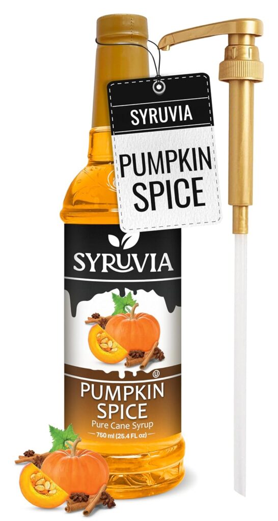 Syrup bottle labeled Pumpkin Spice with pumpkin slices and spices, perfect for seasonal beverages.