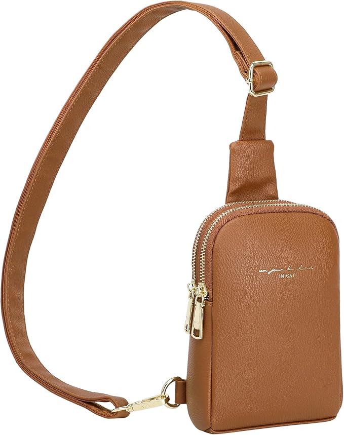 Stylish brown leather crossbody bag with a sleek design and adjustable strap, perfect for everyday use.