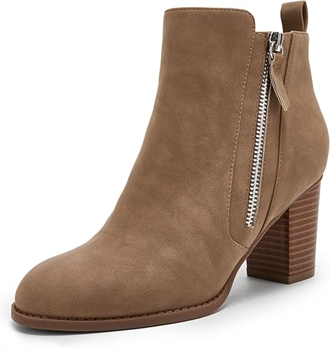 Stylish tan suede ankle boots with a chunky heel and side zipper detail, perfect for trendy fall outfits.