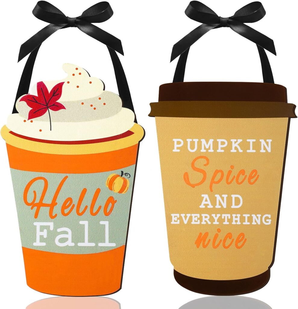 Two decorative coffee cup signs featuring "Hello Fall" and "Pumpkin Spice and everything nice" with festive colors.