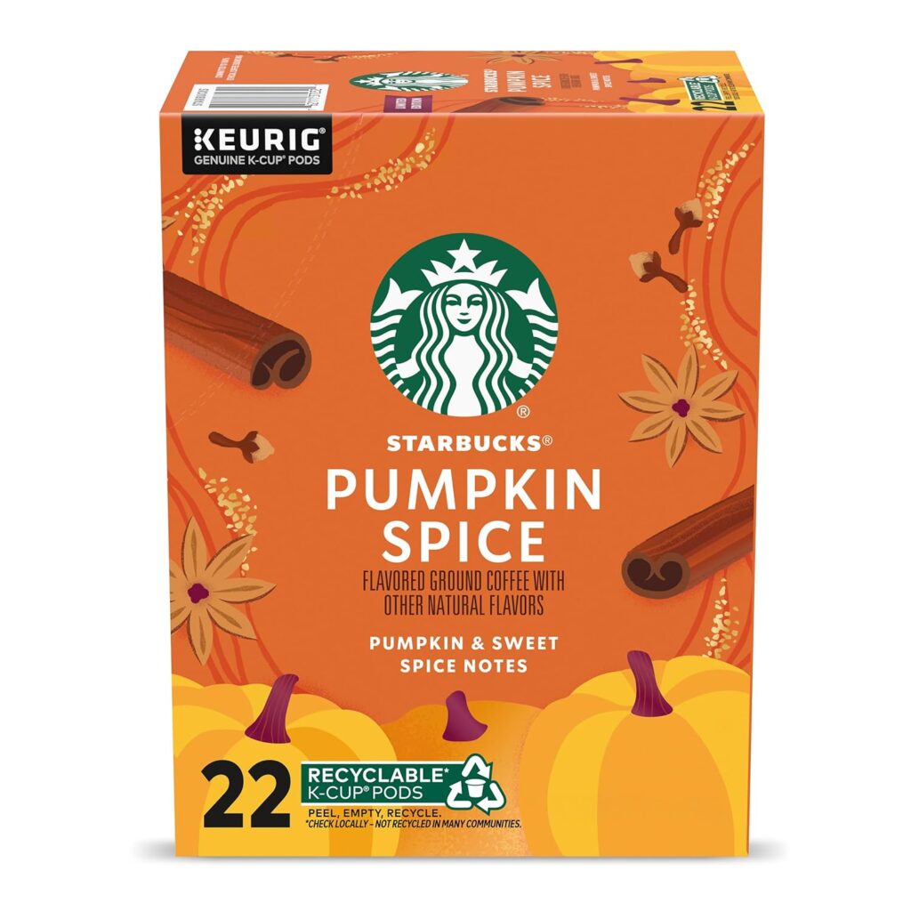 Starbucks Pumpkin Spice K-Cup Pods box featuring cinnamon and pumpkin design, perfect for fall flavors.