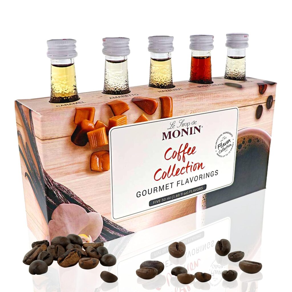 Gourmet coffee flavoring set by Monin featuring caramel, amaretto, hazelnut, and other syrups with coffee beans.