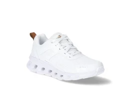White athletic sneaker with a sleek design and a tan accent on the heel. Ideal for casual wear and sports activities.