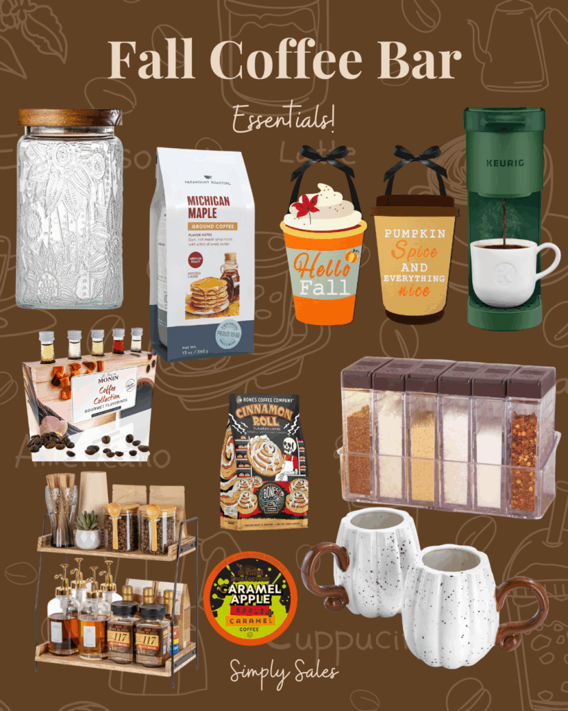 Collage of fall coffee bar essentials including flavored coffee, mugs, and syrups for seasonal drinks.