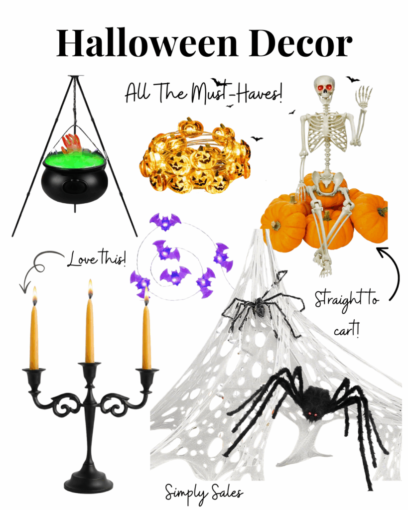 Colorful Halloween decor featuring a cauldron, skeleton, bats, pumpkins, and spooky candles. Perfect for festive styling.