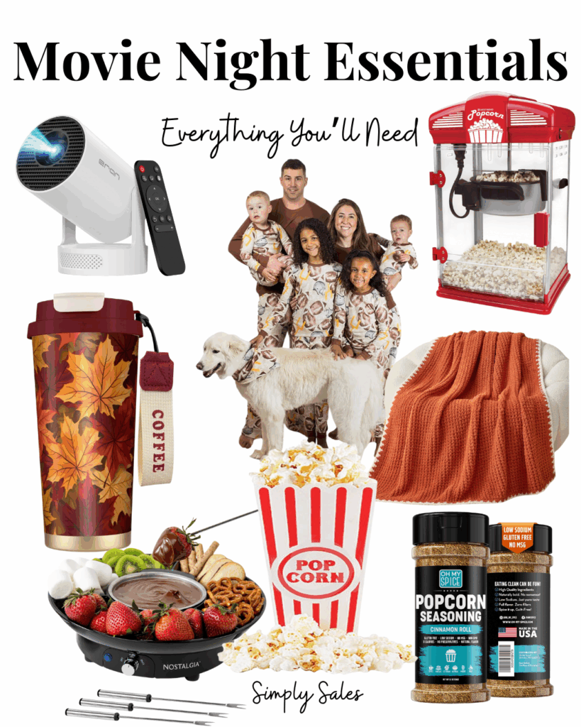 A cozy movie night setup featuring popcorn, snacks, a projector, and family in matching pajamas.