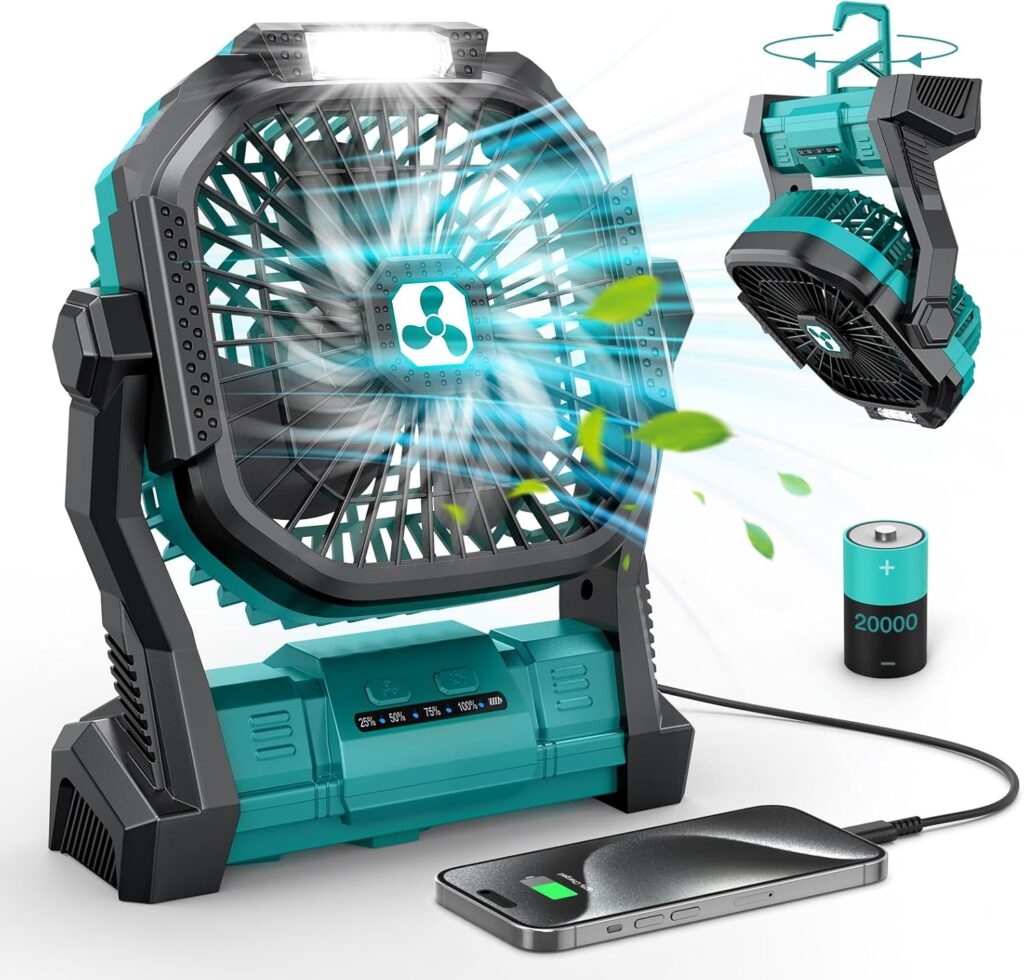 A phone is plugged into the USB port of this cordless fan as it blows scented air