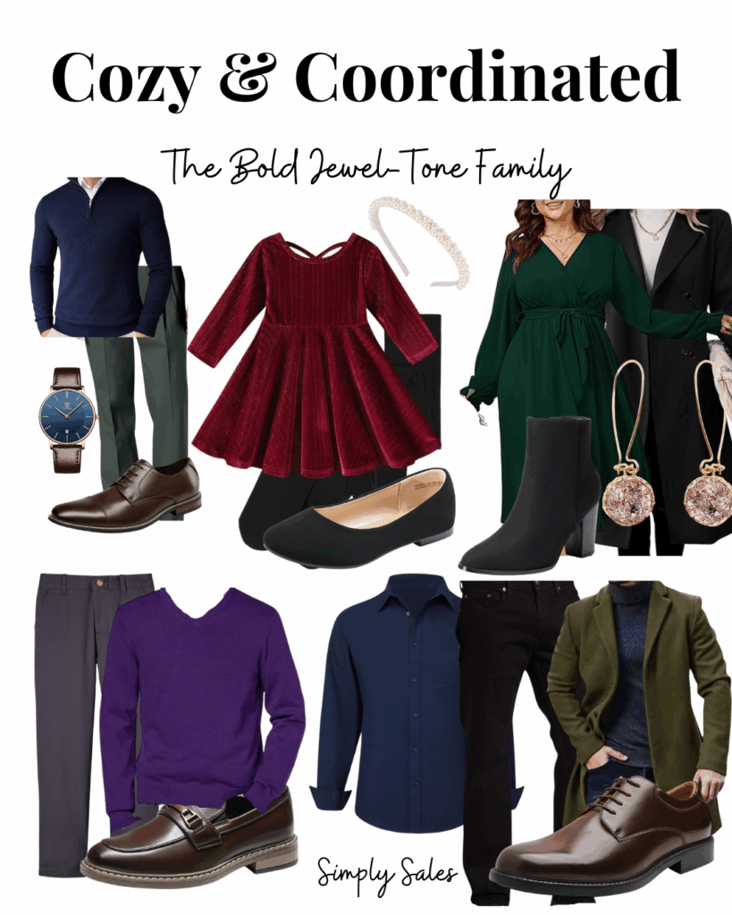 Family outfits in jewel tones featuring dresses, suits, boots, and accessories for a coordinated and stylish look.