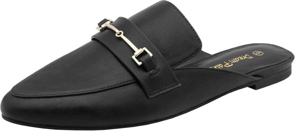 Black leather slide sandal with a gold buckle detail, perfect for casual or dressy occasions.