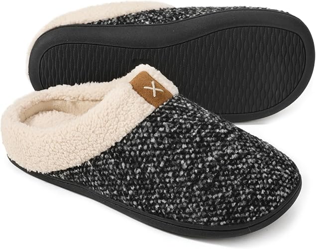 Cozy black and gray slippers with a fluffy lining and non-slip sole, perfect for indoor comfort.