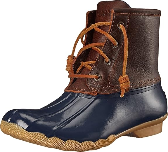 Navy and brown lace-up ankle boots with a glossy finish and rubberized toe, perfect for wet weather.