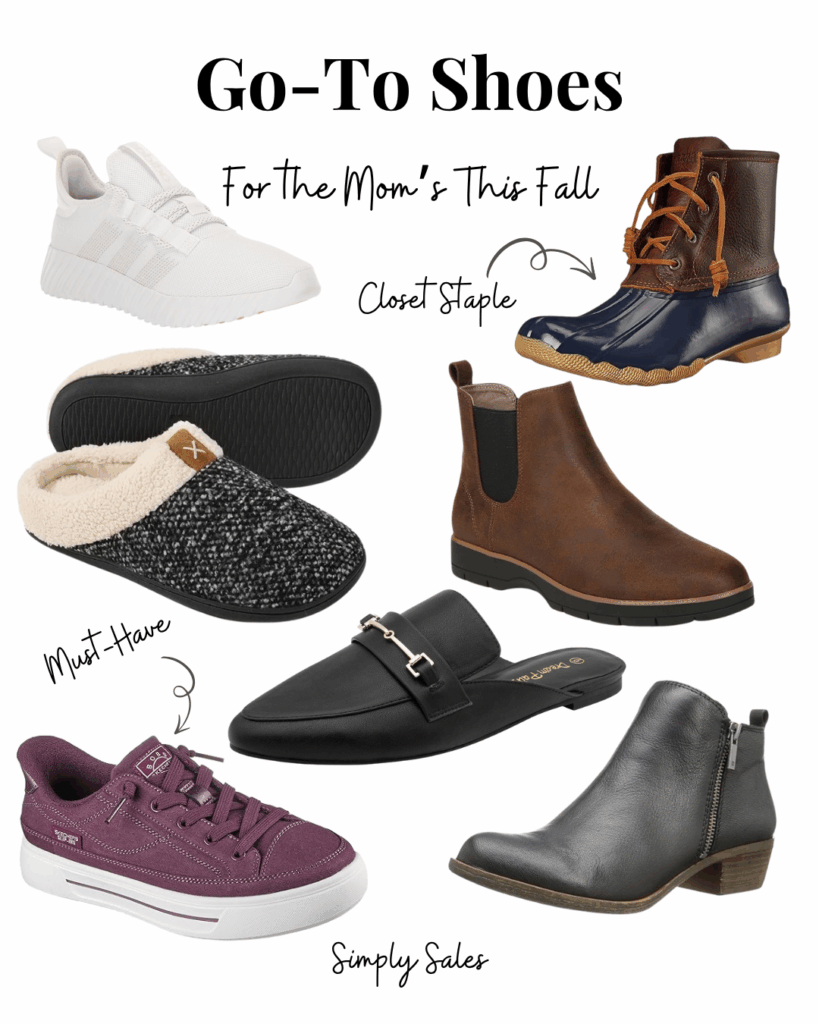 Fall shoe styles for moms, featuring sneakers, boots, and slippers, showcasing comfort and versatility.