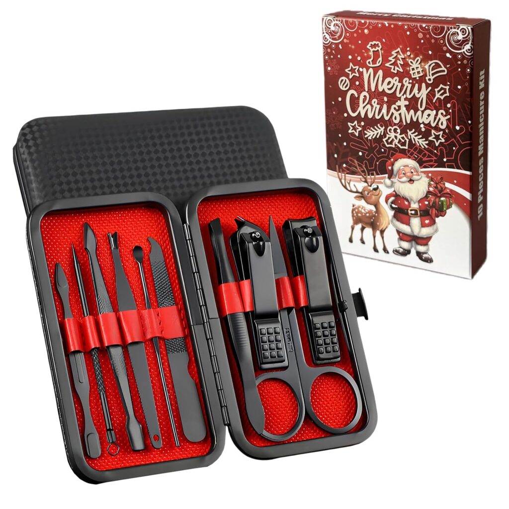 An open nail clipper and groomer set with a 'Merry Christmas' placard in the background