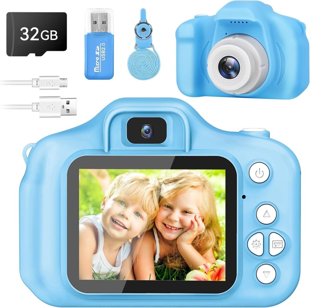 All the components of this kid-friendly camera, including the camera, a cable, an SD card, a strap, and a USB