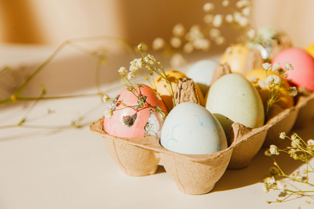 Painted Easter Eggs in egg holder.